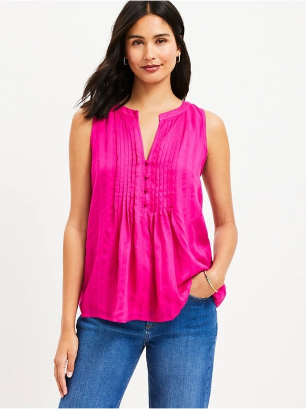 LOFT Fuchsia Sleeveless Pintuck Shell Top